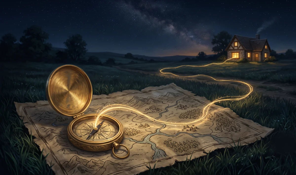 Brújula antigua sobre un mapa de tela, con un hilo de luz dorada que guía hasta una casita iluminada