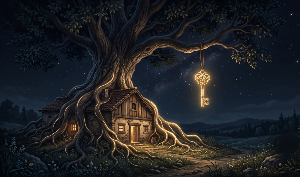 Árbol nocturno cuyas raíces doradas abrazan una casa antigua, con una llave heredada colgando de una rama