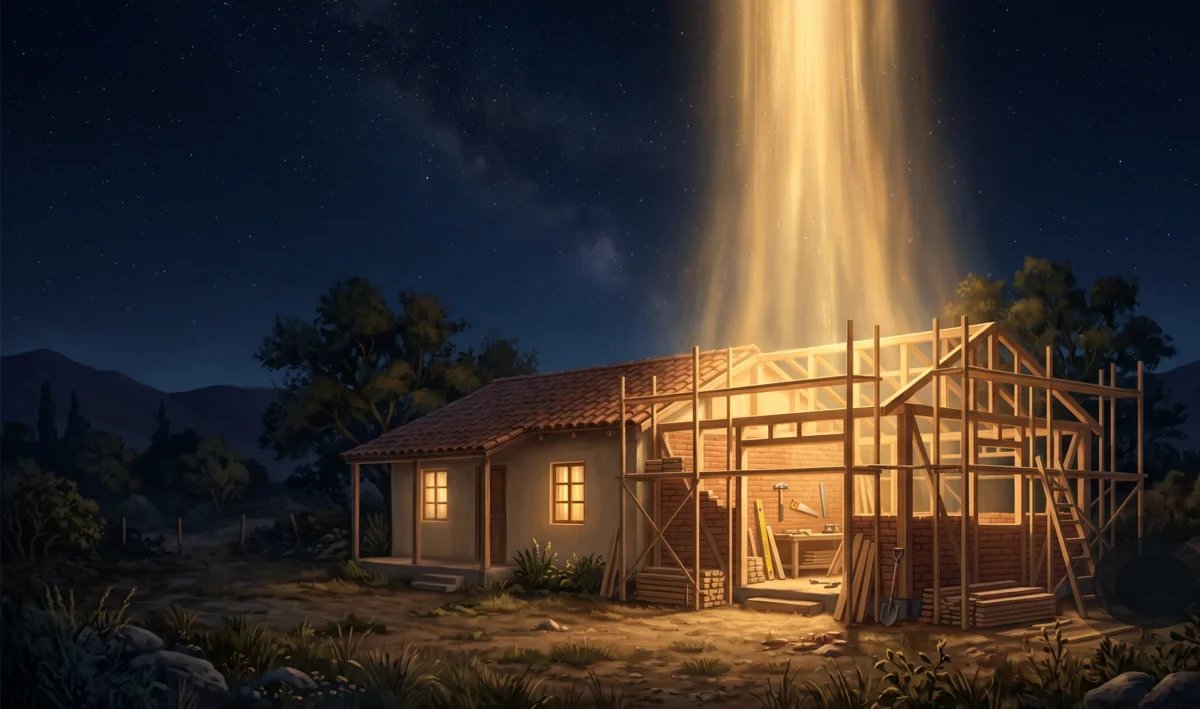 Casa chilena de noche con su ampliación en construcción bañada por una luz dorada que la integra al resto del hogar