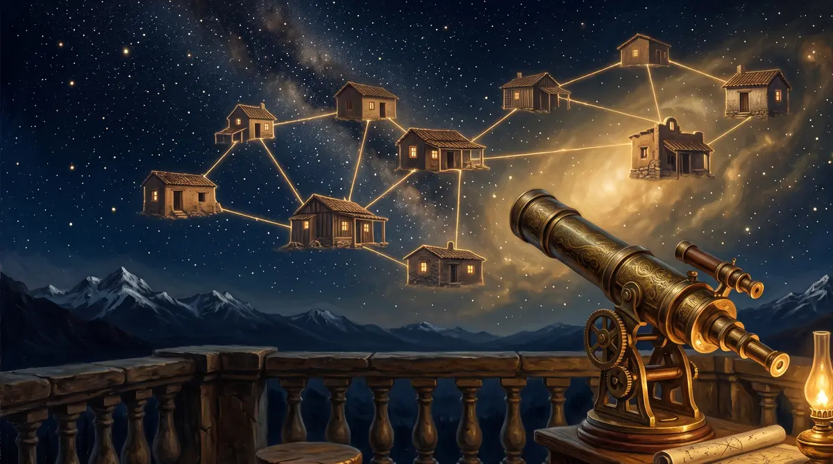 Telescopio de latón antiguo en un balcón de piedra apuntando a un cielo nocturno donde las constelaciones forman casitas unidas por líneas de luz dorada, con la cordillera nevada al fondo