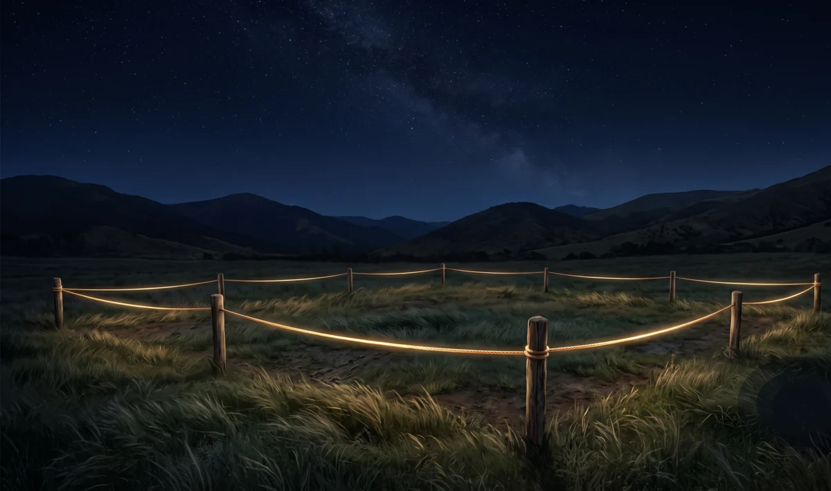 Terreno de campo demarcado con estacas y un cordel dorado brillando bajo las estrellas