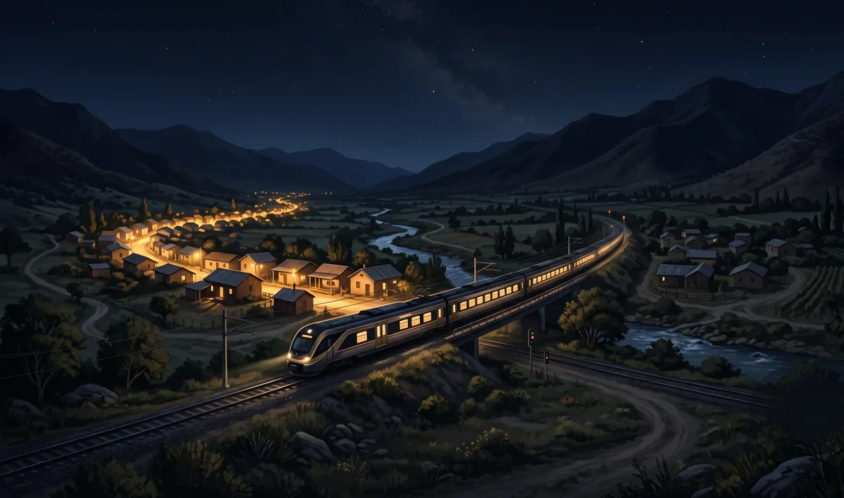 Tren nocturno cruzando un valle chileno mientras las casas del pueblo se encienden en luz dorada a su paso