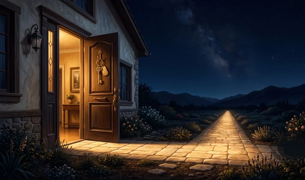 Puerta de casa abierta de noche con luz cálida saliendo hacia un sendero dorado y un llavero listo para pasar de mano