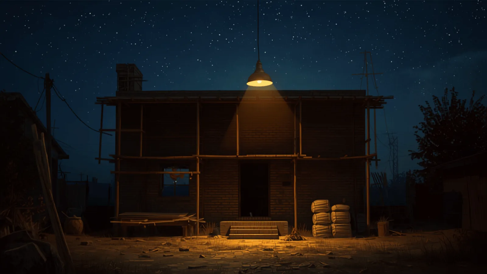 Ilustración Divergente: casa chilena en construcción de noche bajo la luz dorada de una lámpara de obra