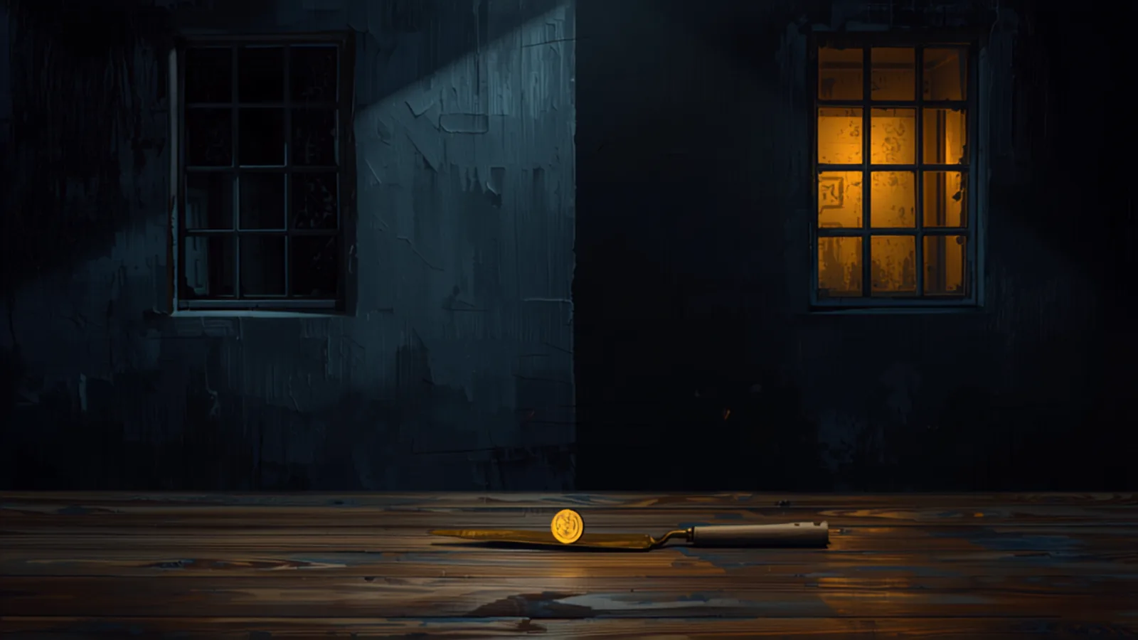 Ilustración Divergente: casa chilena partida por la luz — la mitad descuidada, la mitad restaurada — con una llana de albañil y una moneda de oro