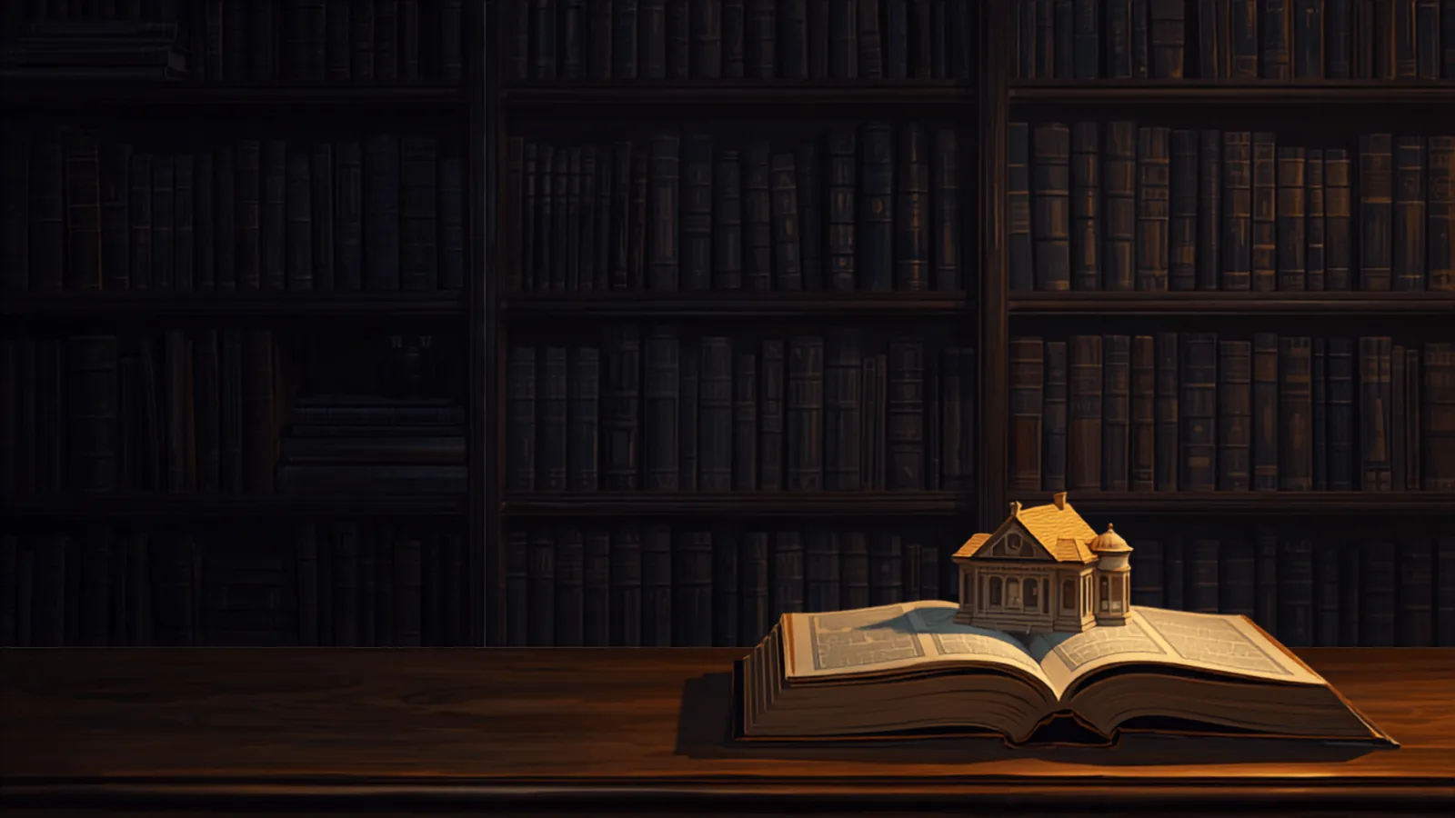 Ilustración Divergente: biblioteca nocturna de libros de derecho con un quinqué encendido y una maqueta de casa sobre un libro abierto